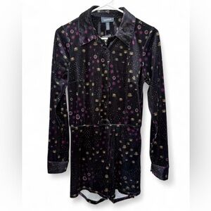 NWOT ModCloth Art Deco Print Velvet Club‎ Button Up Short Romper Small Retro 70s